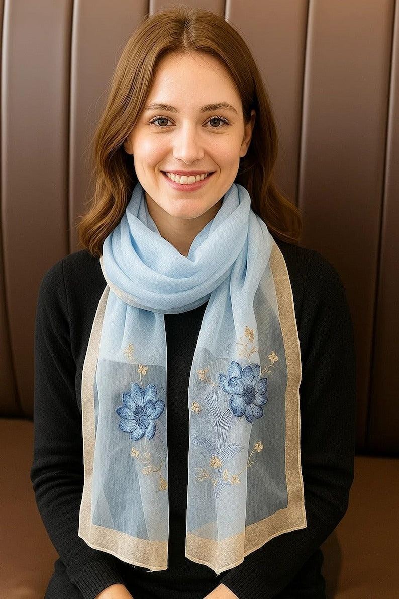 Light Blue Silk Scarf with Floral Embroidery - Premium Mulberry Silk