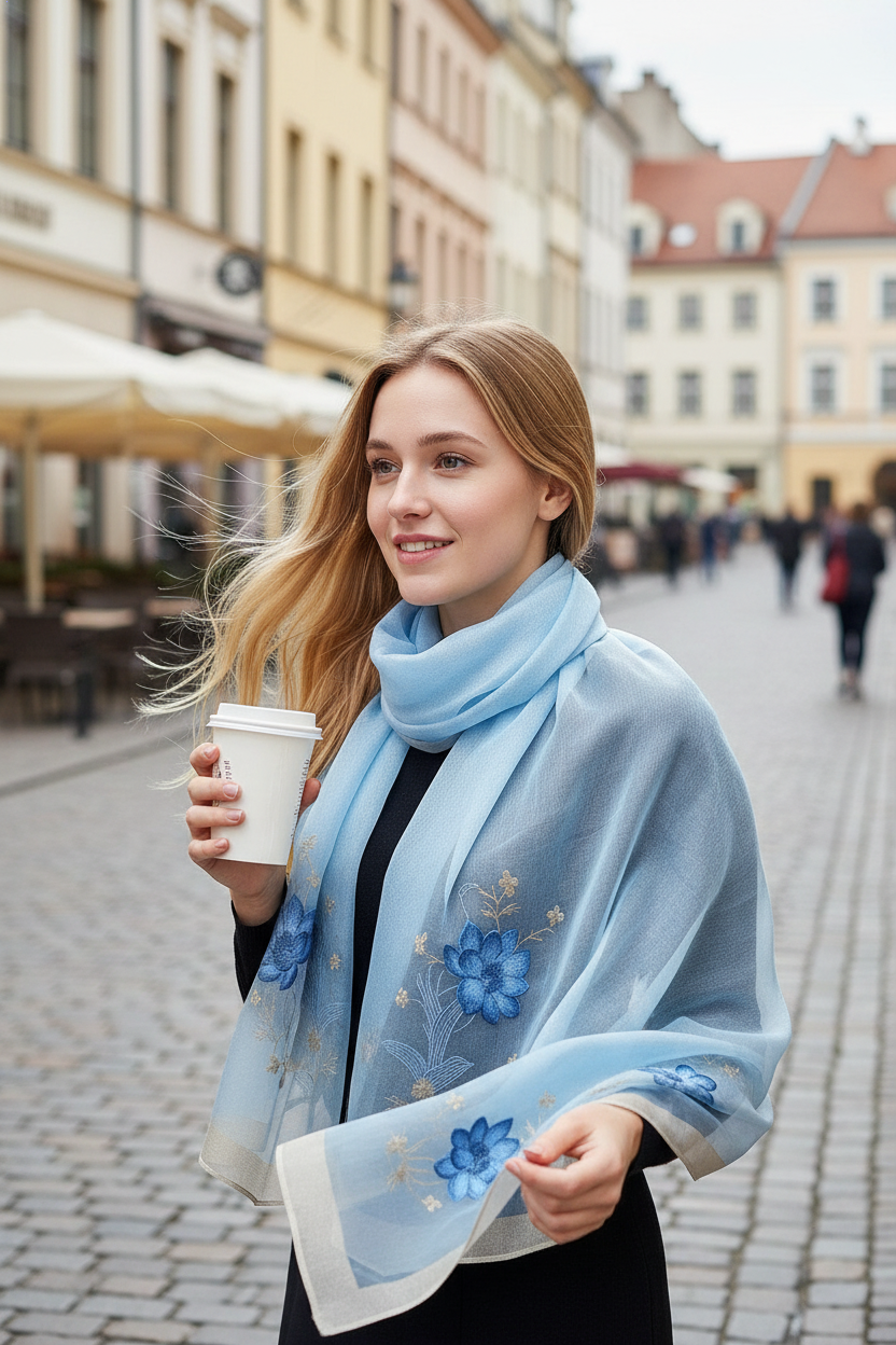 Light Blue Silk Scarf with Floral Embroidery - Premium Mulberry Silk