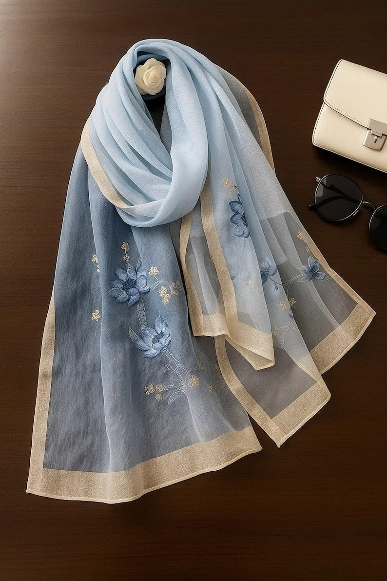 Light Blue Silk Scarf with Floral Embroidery - Premium Mulberry