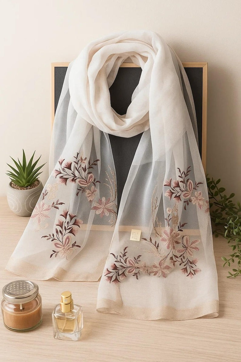 White Silk Scarf with Embroidered Flowers - Pure Mulberry Silk
