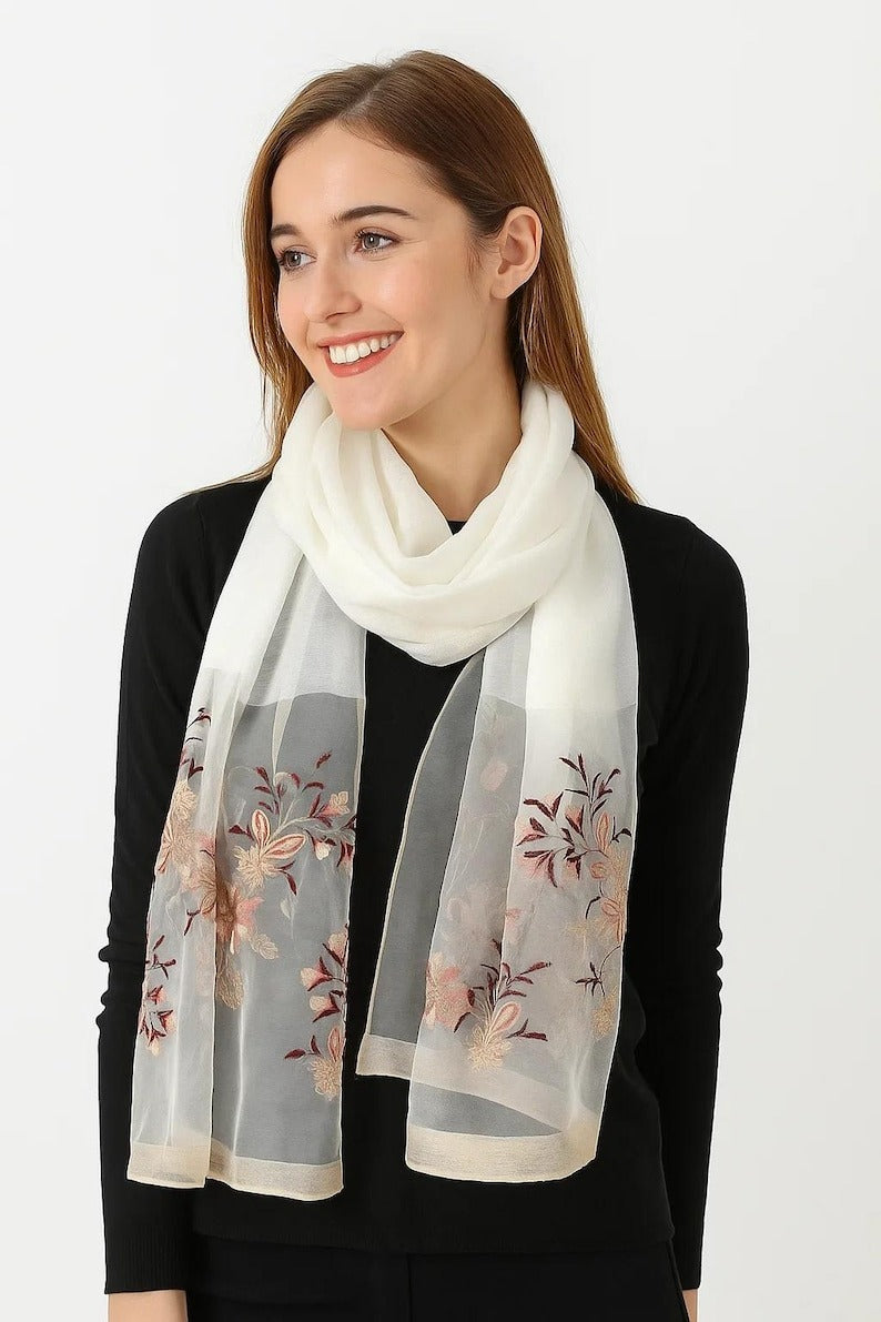 White Silk Scarf with Embroidered Flowers - Pure Mulberry Silk