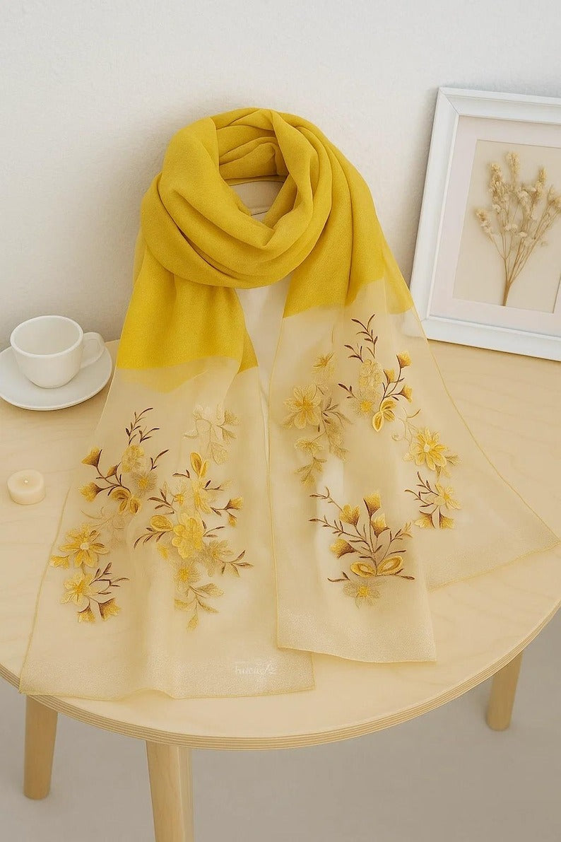 Yellow Gradient Silk Scarf with Floral Embroidery - Premium Mulberry Silk