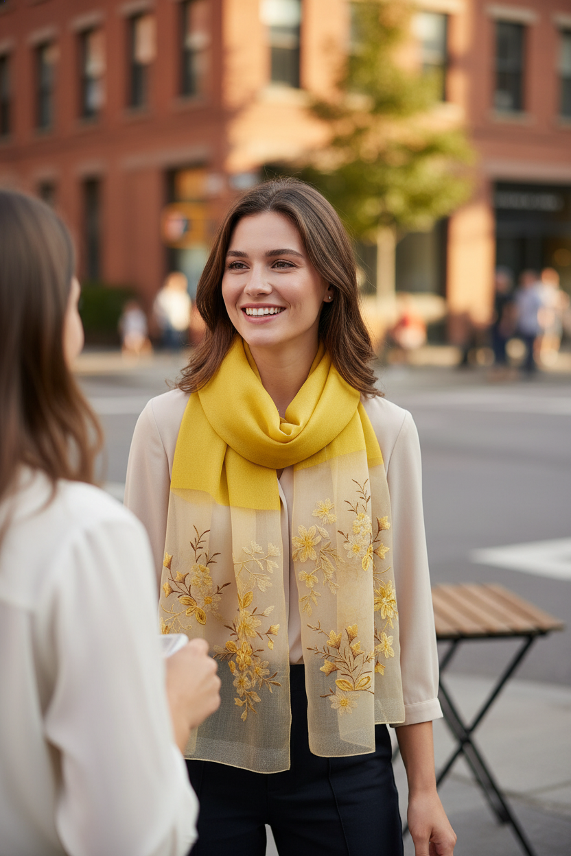 Yellow Gradient Silk Scarf with Floral Embroidery - Premium Mulberry Silk