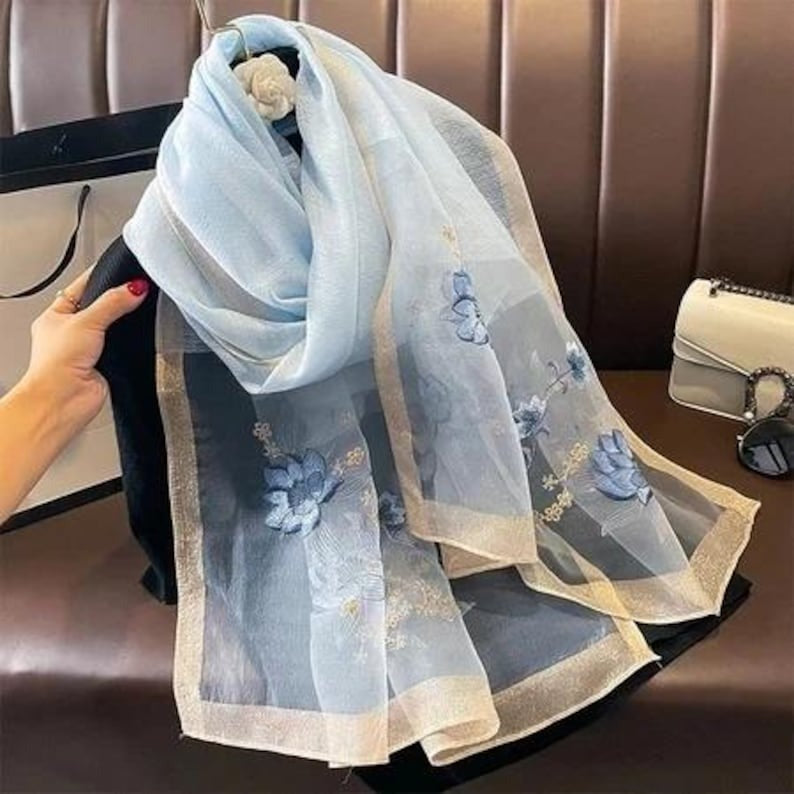 Light Blue Silk Scarf with Floral Embroidery - Premium Mulberry Silk