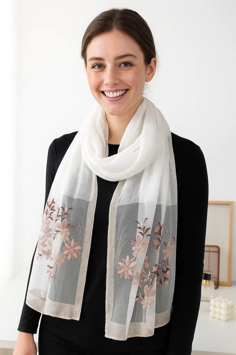 White Silk Scarf with Embroidered Flowers - Pure Mulberry Silk