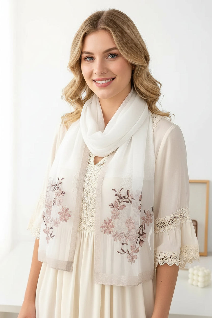 White Silk Scarf with Embroidered Flowers - Pure Mulberry Silk