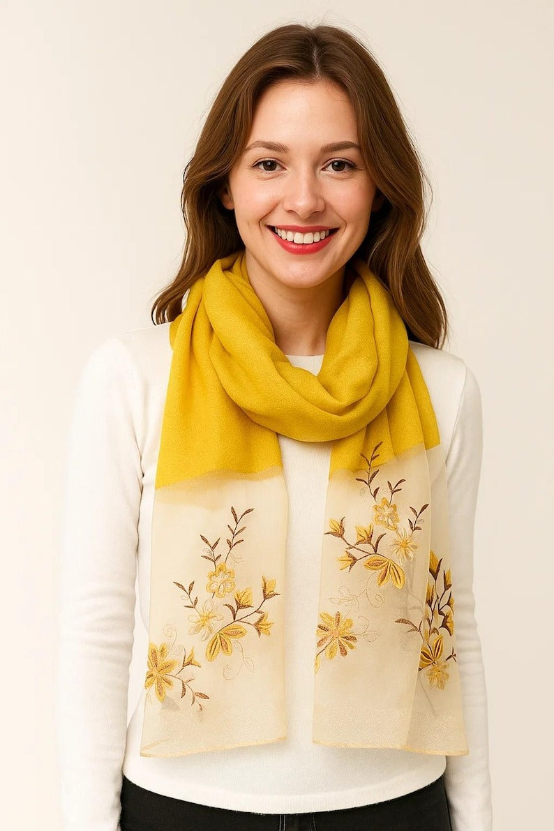Yellow Gradient Silk Scarf with Floral Embroidery - Premium Mulberry Silk