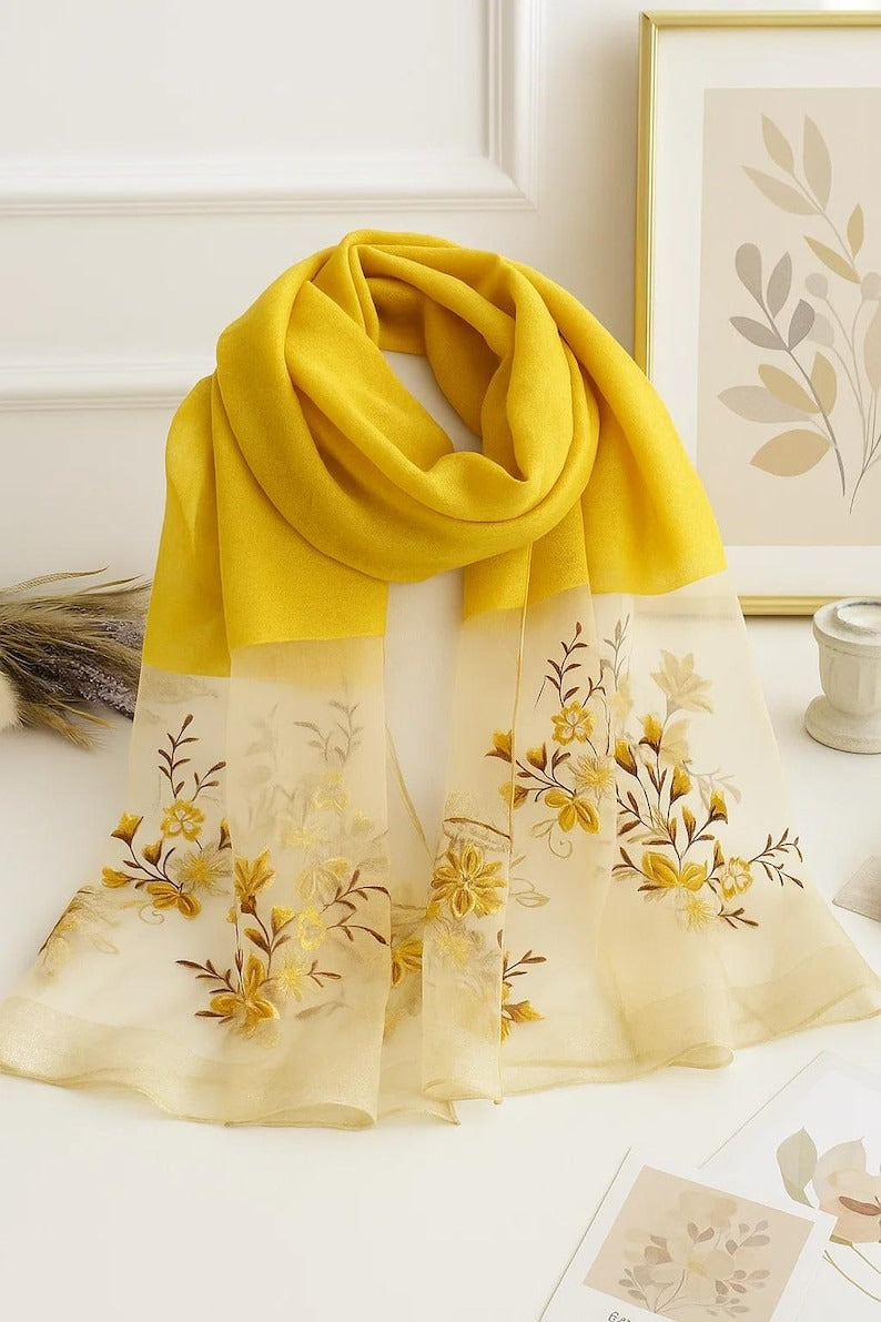 Yellow Gradient Silk Scarf with Floral Embroidery - Premium Mulberry Silk