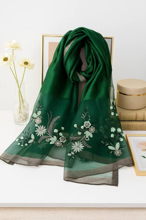 Emerald Green Silk Scarf with Hand Embroidered Floral Design