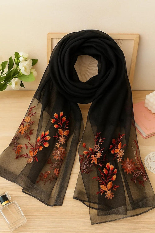 Elegant Black Silk Scarf with Autumn Floral Embroidery - Premium Mulberry Silk