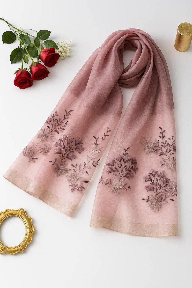 Pink Gradient Silk Scarf with Floral Embroidery - Premium Mulberry Silk