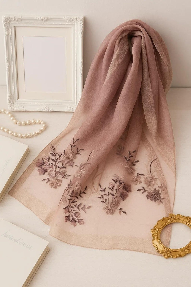 Pink Gradient Silk Scarf with Floral Embroidery - Premium Mulberry Silk