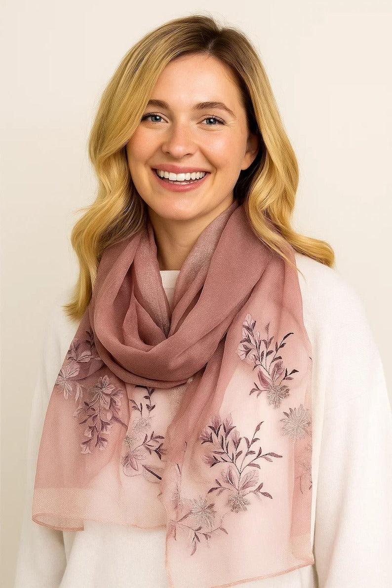 Pink Gradient Silk Scarf with Floral Embroidery - Premium Mulberry Silk