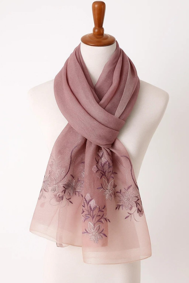 Pink Gradient Silk Scarf with Floral Embroidery - Premium Mulberry Silk