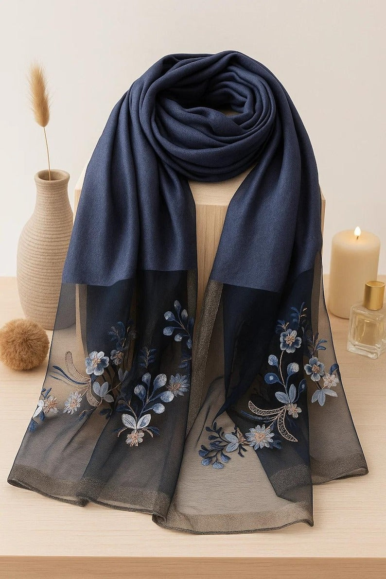 Navy Blue Floral Embroidered Sheer Scarf – Elegant Lightweight Wrap, Gift for Her