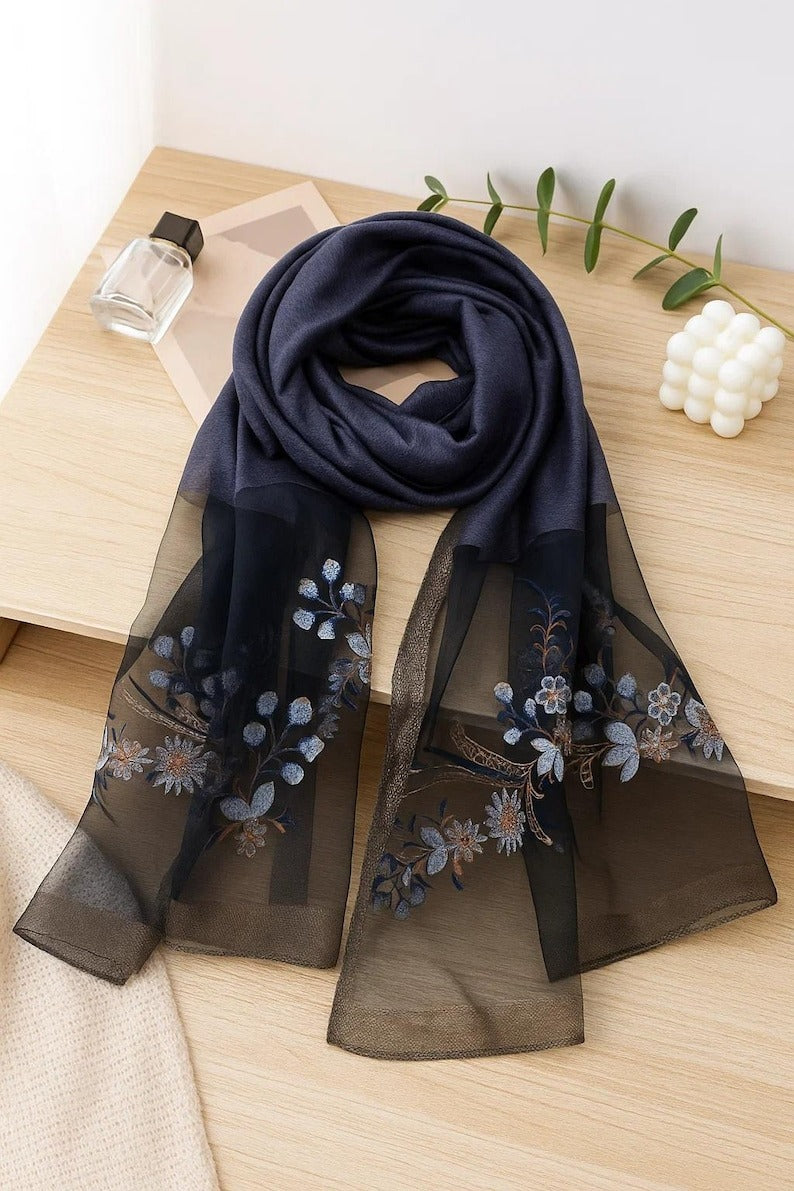 Navy Blue Floral Embroidered Sheer Scarf – Elegant Lightweight Wrap, Gift for Her
