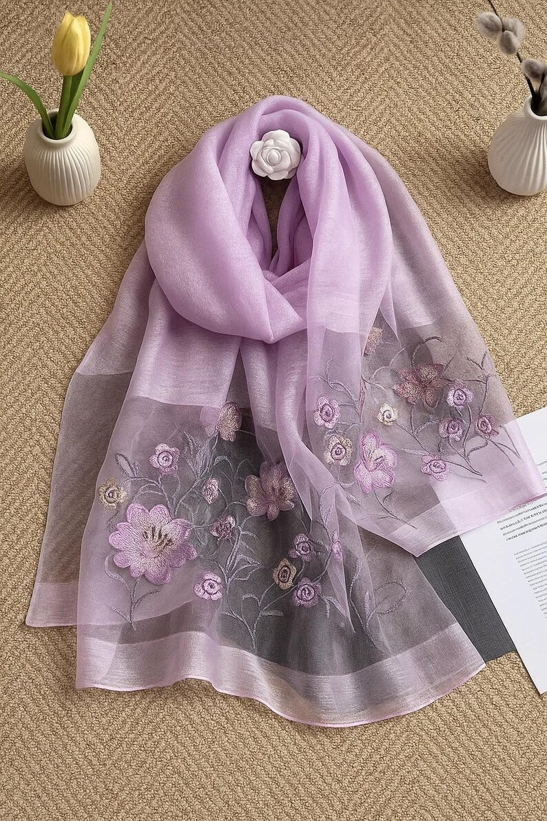 Hand-Embroidered Lavender Silk Scarf – Luxury Mulberry Silk Shawl with Lotus Floral Design