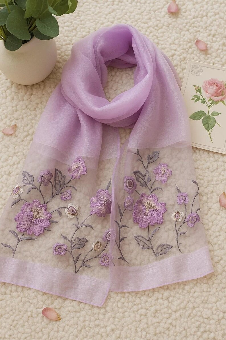 Hand-Embroidered Lavender Silk Scarf – Luxury Mulberry Silk Shawl with Lotus Floral Design